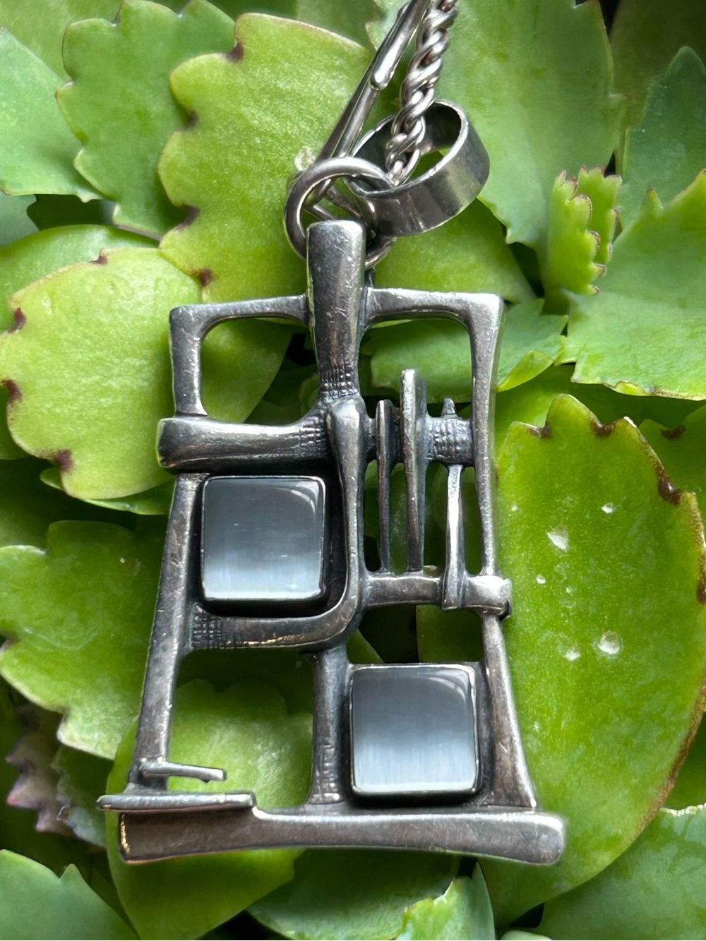 sterling silver geometric abstract architectural design MOP pendant necklace